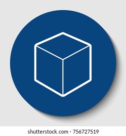 Cube sign illustration. Vector. White contour icon in dark cerulean circle at white background. Isolated.