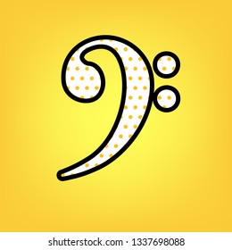 Cube sign illustration. Vector. Yellow polka dot white icon with black contour at warm yellow background.