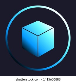 Cube sign illustration. White, cyan and blue gradient icon as round button in white shell at dark blue background. Illustration.