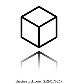 Cube simple icon. Flat design. Black icon with mirror reflection. White background.ai