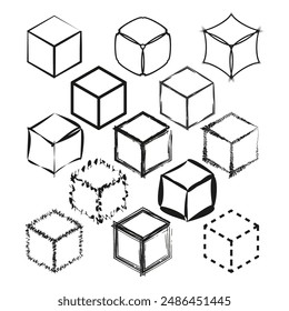 Cube sketches set. Various box styles. Black and white. Geometric vector collection.