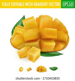 Cube sliced fresh mango with green leaves.