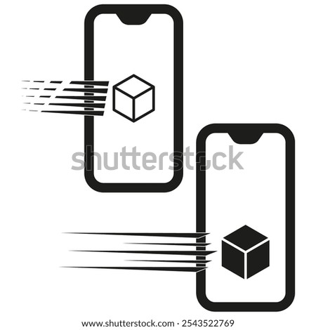 Cube in smartphone. Mobile icon vector. Black and white background. Quick transfer symbol.