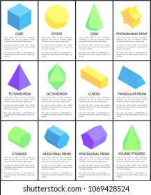 Cube sphere cone octahedron cylinder figures set, pentagrammic and triangular, pentagonal and hexagonal prisms vector illustration tetrahedron prism