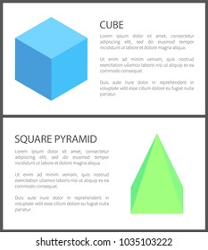 Cube and square pyramid figures isolated on white, vector illustration, blue and green figure samples, black text and frame, squares and triangles