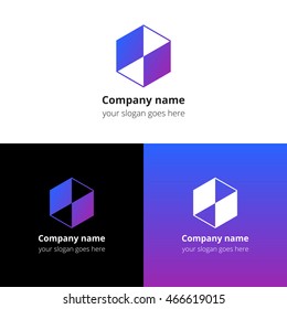 Cube with square, triangle, frame, cube 3D, box, block line, geometry shape vector logo template. Gradient color symmetric symbol, logo, icon, sign, emblem. Abstract button for company or service.