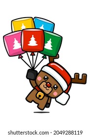 Cube Style Cute Christmas Reindeer Holding Balloons