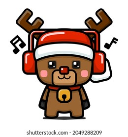 Cube Style Cute Christmas Reindeer Wearing Headphone