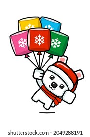 Cube Style Cute Polar Bear Holding Balloons