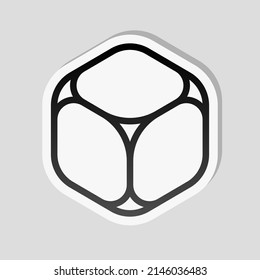 A cube of sugar or ice, simple icon. Linear sticker, white border and simple shadow on gray background