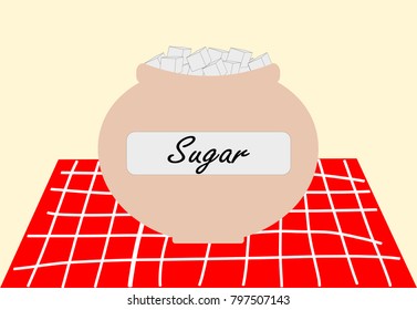 Cube sugar in pot jar on table illustration vector