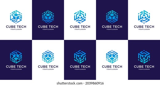 Cube tech logo, hexagon technology design set