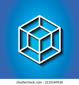 Cube, tesseract simple icon. Flat desing. White icon with shadow on blue background.ai