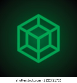 Cube, tesseract simple icon. Flat desing. Green neon on black background with green light.ai