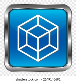Cube, tesseract simple icon. Flat design. Metal, blue square button. Transparent grid.ai