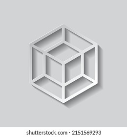 Cube, tesseract simple icon. Flat design. Paper style with shadow. Gray background.ai