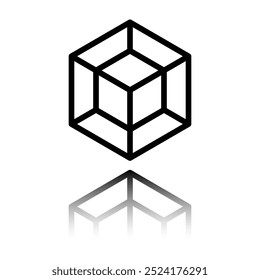 Cubo, ícone simples tesseract. Design plano. Ícone preto com reflexo espelho. Fundo branco.ai