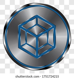 Cube, tesseract simple icon on metal round button. Transparent grid