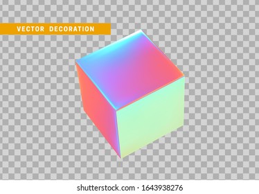 Cube is three-dimensional geometric shape isolated with colorful hologram chameleon color gradient. 3d objects block. vector illustration.