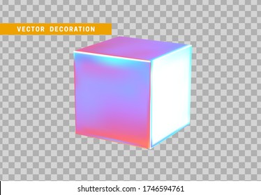 Cube is three-dimensional geometric shape isolated with colorful hologram chameleon color gradient. 3d objects block. vector illustration.