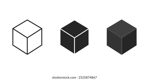 Cubo como conjunto de ilustración cuadrado tridimensional alineado y en forma de negro. Iconos del vector en estilo plano