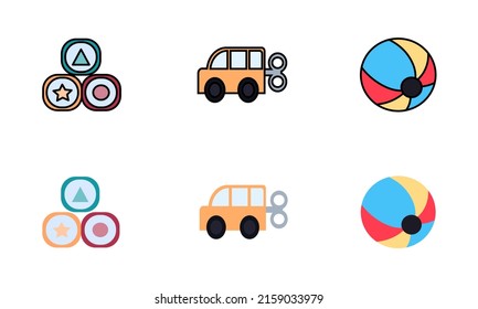 Cube toys, toy cars and ball icon set isolated on white background. Line art color and flat style icon.