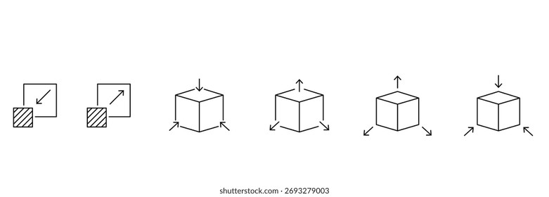 setas de transformação de cubo, escalável, crescimento, reduzir, mover conceito vetor ícone conjunto