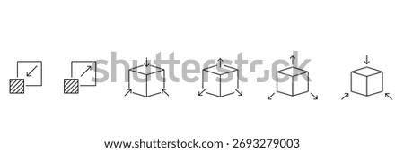 cube transformation arrows, scalable, growth, shrink, move concept vector icon set