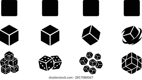 Cube transformation vector illustration set showing progression from 2D square to 3D cube, rotation, dice clusters, and geometric design