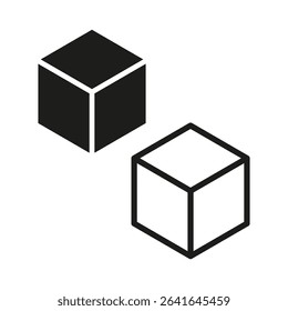 Cube vector icon. Black white contrast. Isometric box symbol. Geometric shape form.