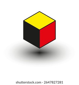 Cube vector shape. Red yellow black. Isometric box figure. Three color shadow