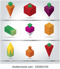 Cube vegetable set. Isometric flat icons.