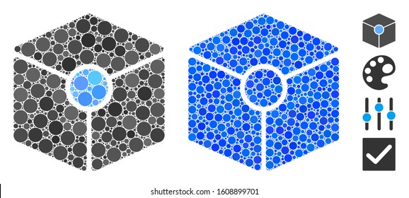 Cube vertex mosaic of small circles in different sizes and color tinges, based on cube vertex icon. Vector small circles are grouped into blue mosaic.