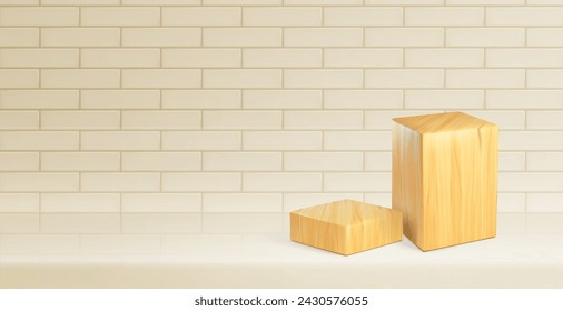 Podio de madera de cubo para escaparate de productos en habitación con pared de ladrillo. Vector realista de escena beige pastel con plataformas altas y bajas rectangulares con textura de madera marrón claro para presentación de mercancías.