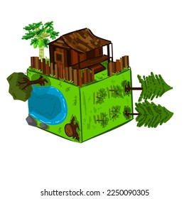 Cubed environment with wooden house, trees, and lake on it 