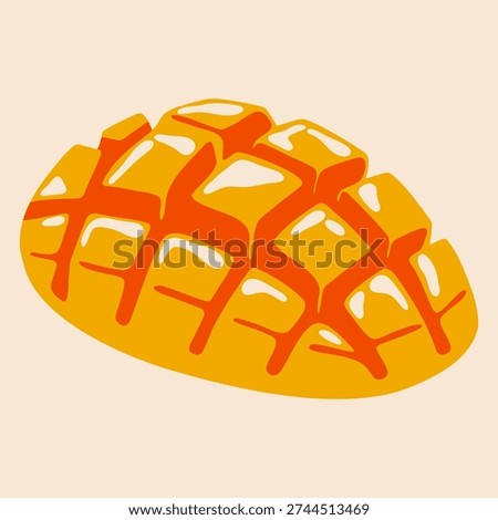 Cubed ripe mango. Fresh sliced tropical fruit, organic sweet mango dessert, vintage exotic plant for juice or smoothie. Vector cartoon isolated illustration.