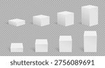Cubes 3d realistic and box cube boxes with set pedestal podium. Stand stage platform and plinth vector mockup with blank white geometric. Shape cubes shadow and transparent background box.