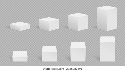 Cubes 3d realistic and box cube boxes with set pedestal podium. Stand stage platform and plinth vector mockup with blank white geometric. Shape cubes shadow and transparent background box.