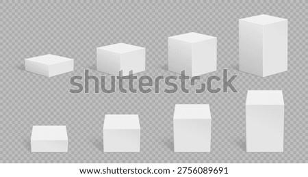 Cubes 3d realistic and box cube boxes with set pedestal podium. Stand stage platform and plinth vector mockup with blank white geometric. Shape cubes shadow and transparent background box.