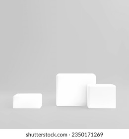 Cubes in 3d style, vector illustration on gray background. Empty pedestal, podium or showcase. Geometric figures 3d render.