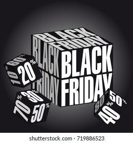 Cubes to announce Black Friday,
A big cube covered with the words Black Friday, and three small ones covered with numbers with percentages of reduction launched like for a game of dice.