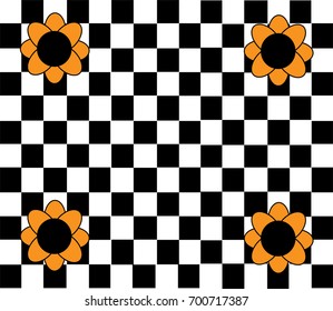 Cubes background black and white with orange flowers vector