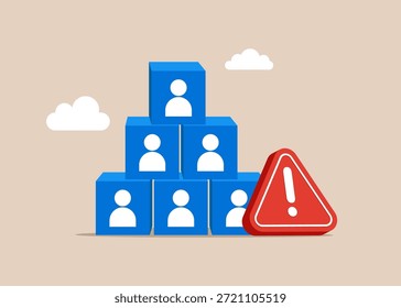 Würfel blockieren auf der oberen Pyramide mit Ausrufezeichen. Schlechtes Management und Rekrutierung. Untergliederung der Unternehmenskommunikation Flache Vektorgrafik