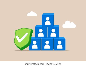 Bloco de cubos na pirâmide superior com marca de verificação de escudo verde. Boa gestão e atividades de recrutamento. Ilustração de vetor plano
