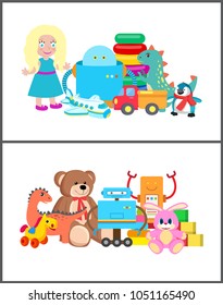 Cubes and bunny toys collection with dinosaur and robot, teddy bear with ribbon and car, toys set vector illustration isolated on white background