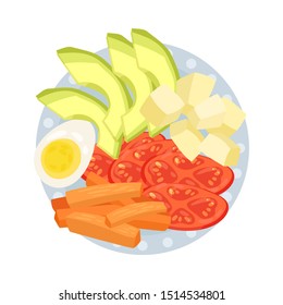 Cubes of cheese with vegetables on a round plate. Vector illustration.