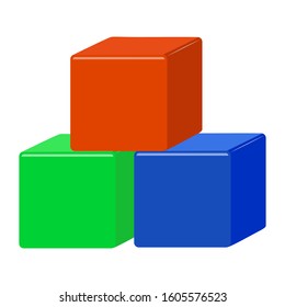 Cubes Children's Vector Isolated Color Image On A White Background. Blue, Red, Green Plstmass 3D Cube For Children.