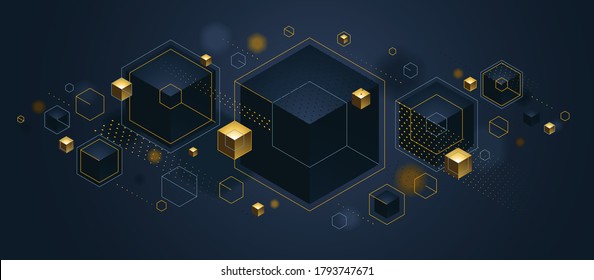 Cubes cluster with golden elements lines and dots vector abstract background, 3D abstraction vip luxury style, jewelry classy elegant geometric design, shiny gold.