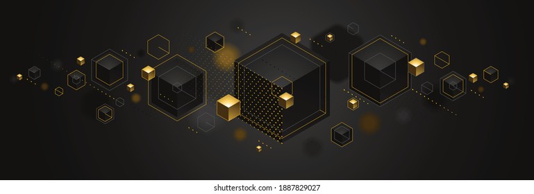 Cubes cluster with golden elements lines and dots vector abstract background, 3D abstraction vip luxury style, jewelry classy elegant geometric design, shiny gold.