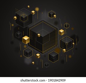 Cubes cluster with golden elements lines and dots vector abstract background, 3D abstraction vip luxury style, jewelry classy elegant geometric design, shiny gold.